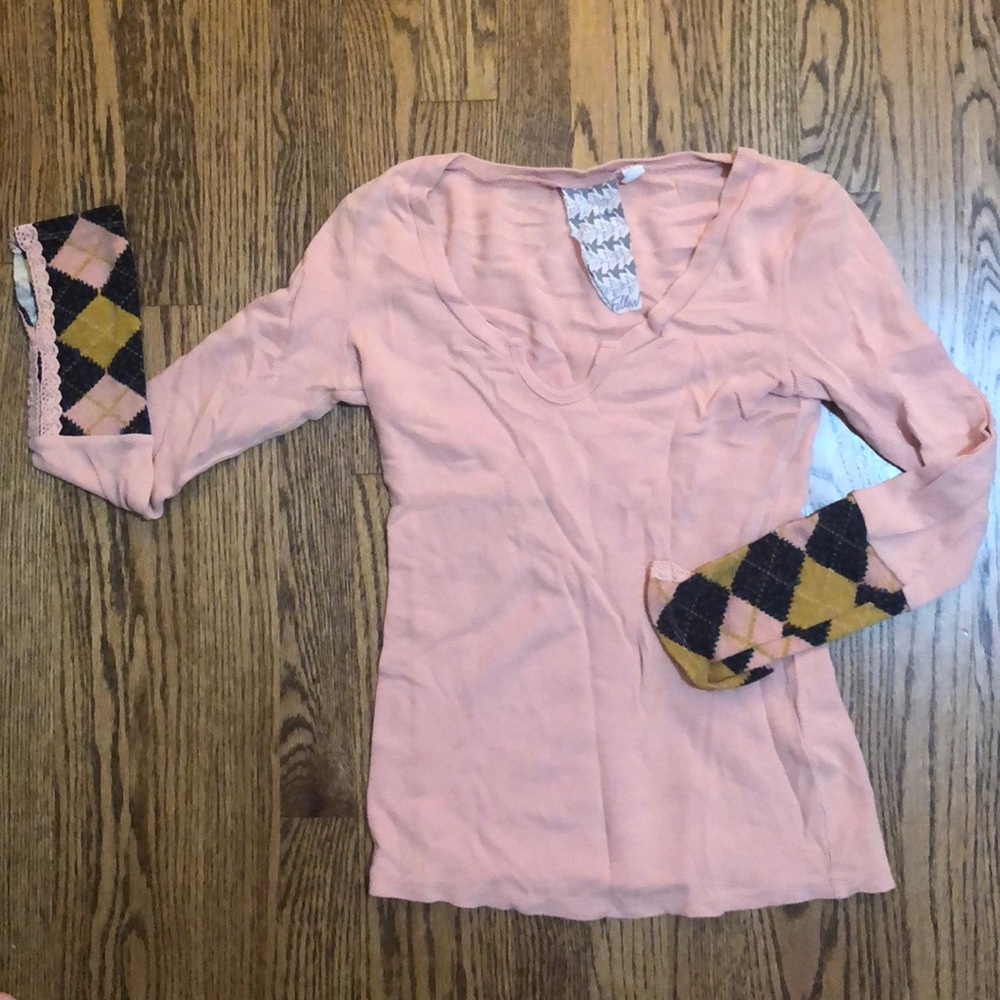 Pink thermal with plaid flannel sleeves